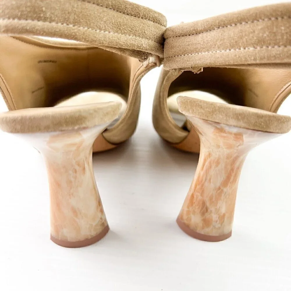 Vince Women Quest Slingback Beige Kitten Heel Leather Suede Sandals Sz 9.5M NEW